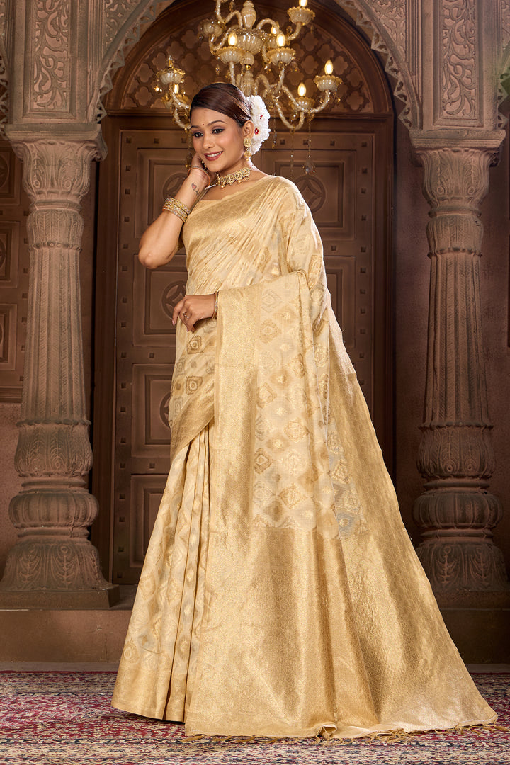 Light Beige Ikat Saree Weavekaari