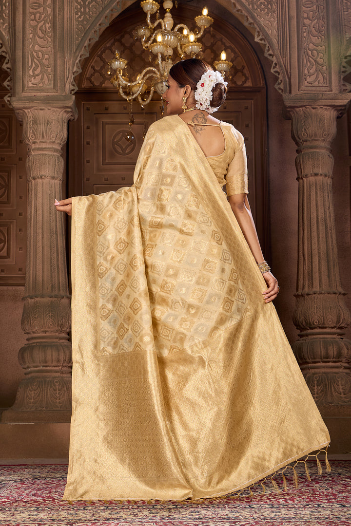 Light Beige Ikat Saree Weavekaari