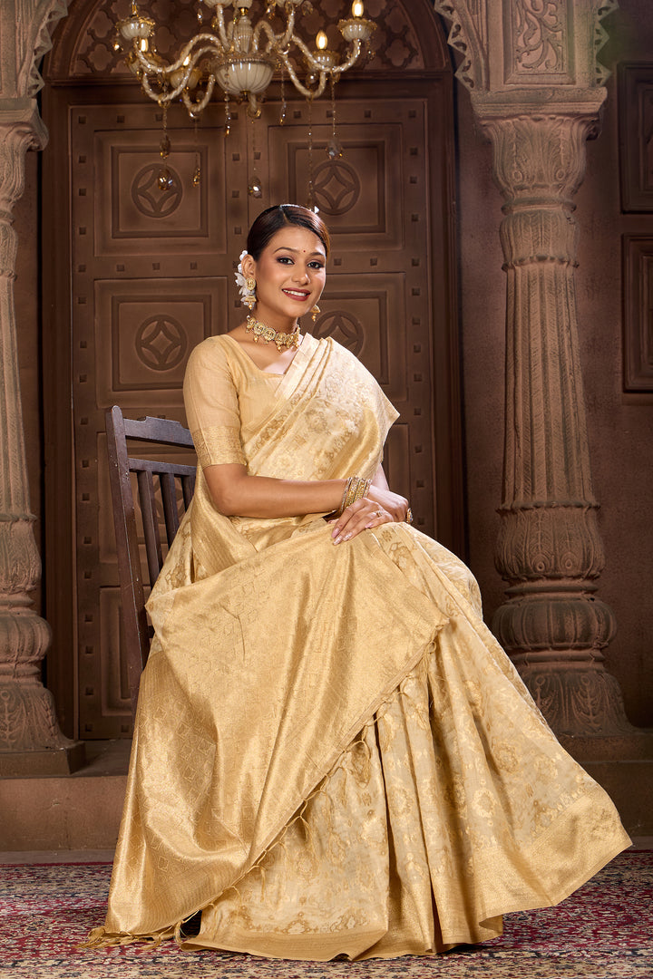 Light Beige Ikat Saree Weavekaari