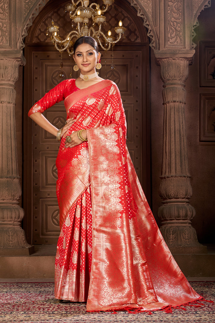 Bright Red Soft Silk Saree Weavekaari