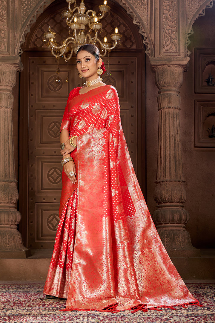 Bright Red Soft Silk Saree Weavekaari