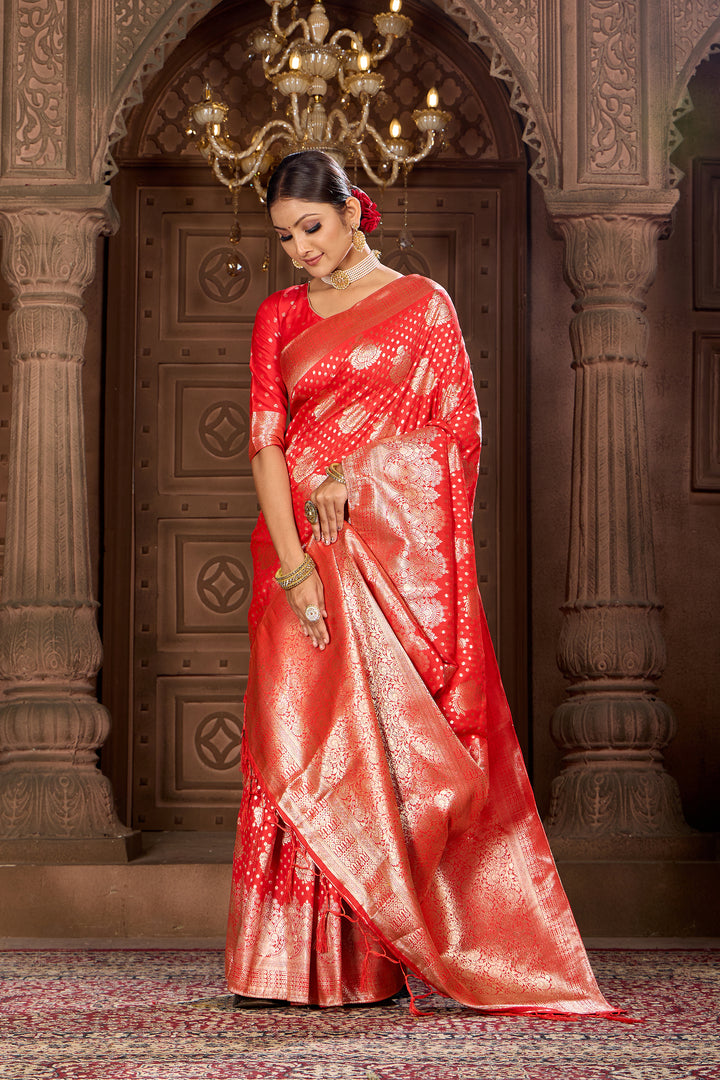 Bright Red Soft Silk Saree Weavekaari