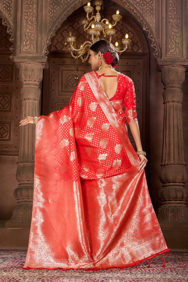 Bright Red Soft Silk Saree Weavekaari