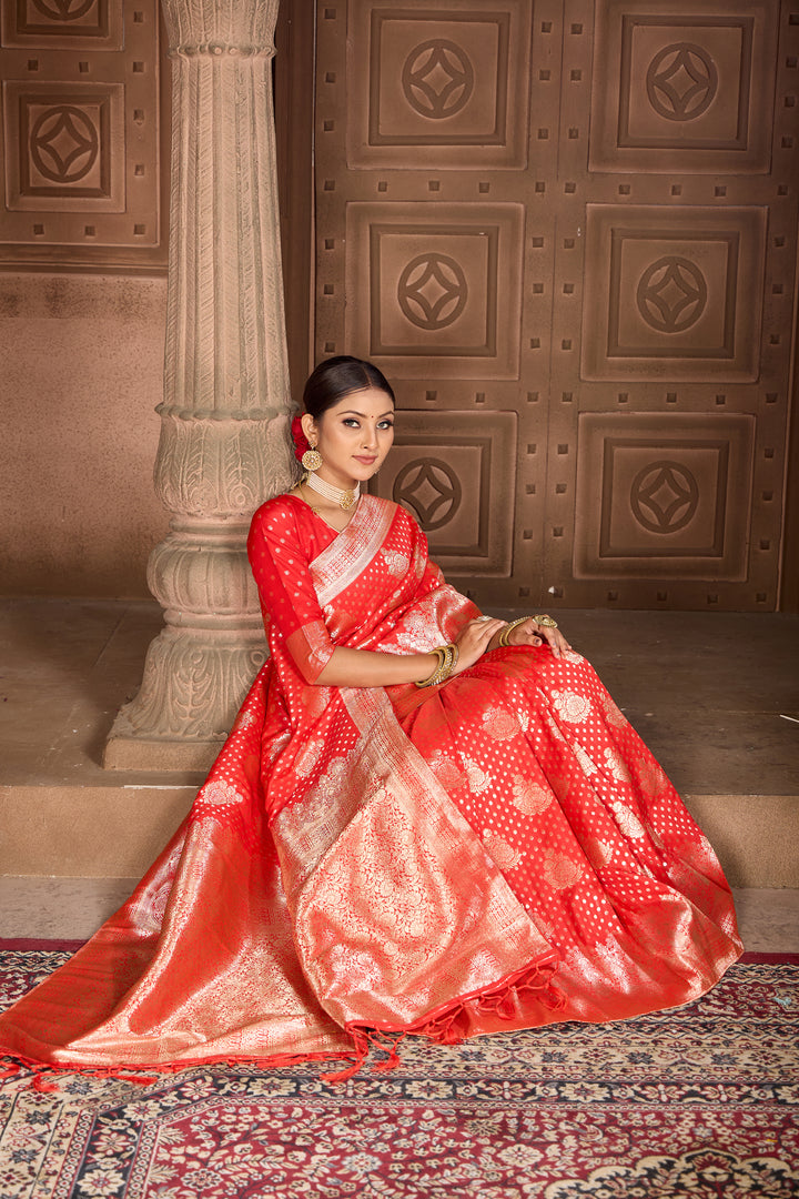 Bright Red Soft Silk Saree Weavekaari