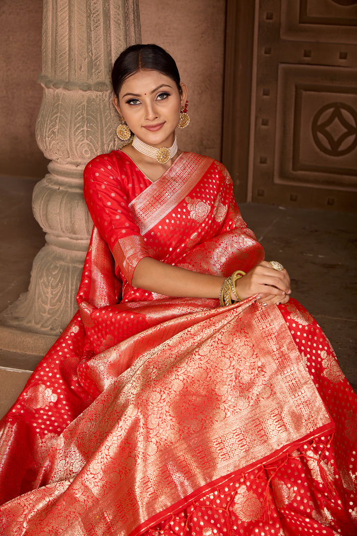 Bright Red Soft Silk Saree Weavekaari