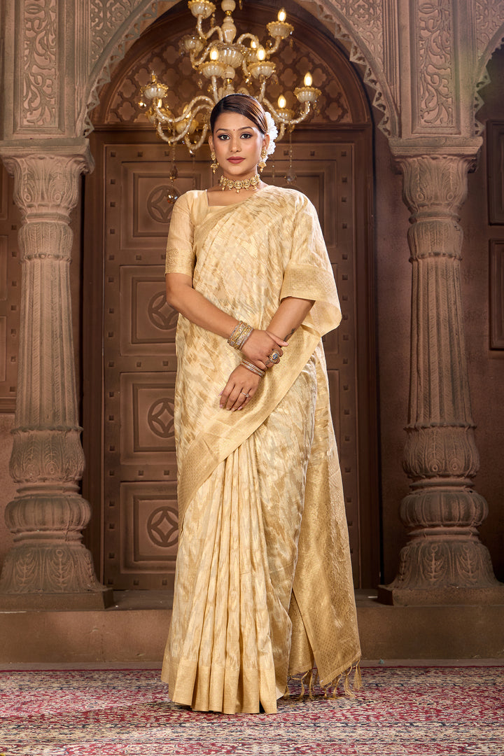 Light Beige Ikat Saree Weavekaari