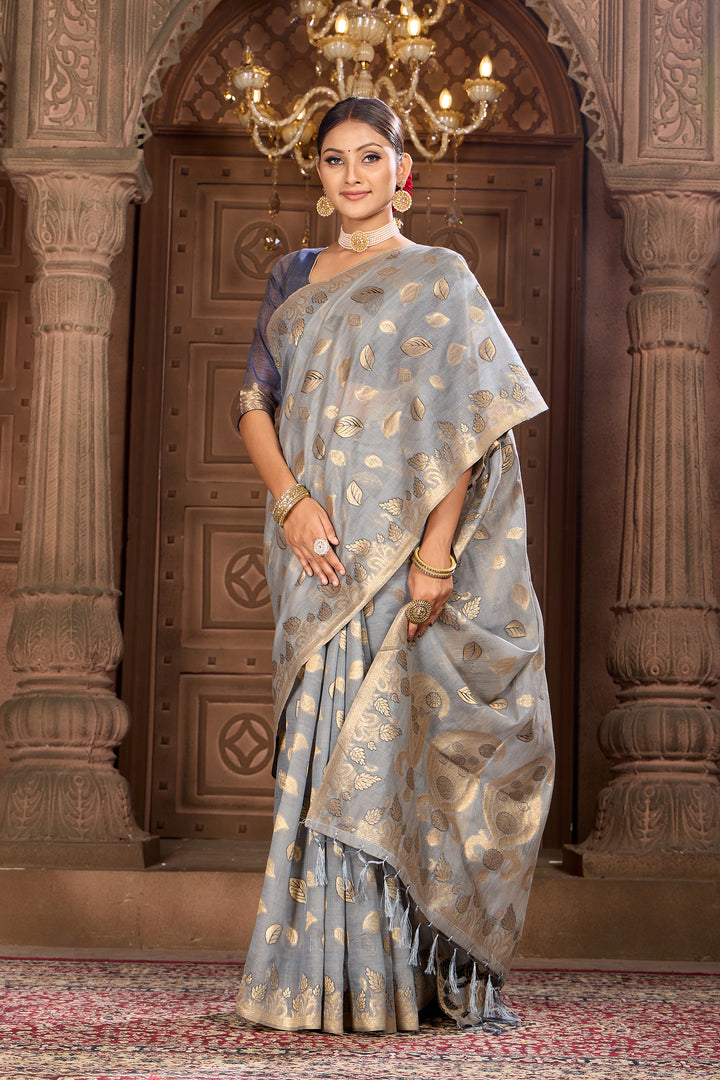 Grey Chanderi Saree Weavekaari