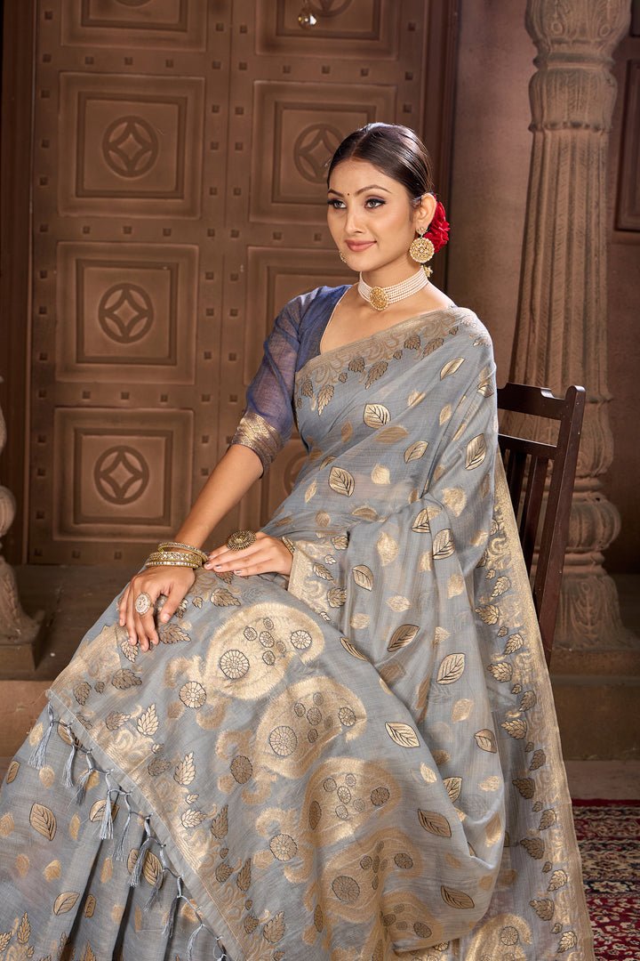 Grey Chanderi Saree Weavekaari