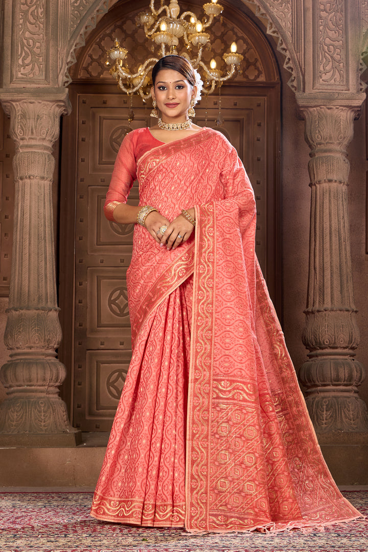 Peach Pink Cotton Woven Saree Weavekaari