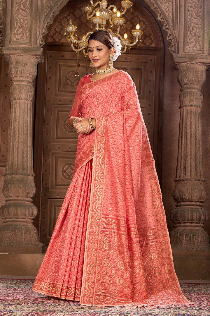 Peach Pink Cotton Woven Saree Weavekaari