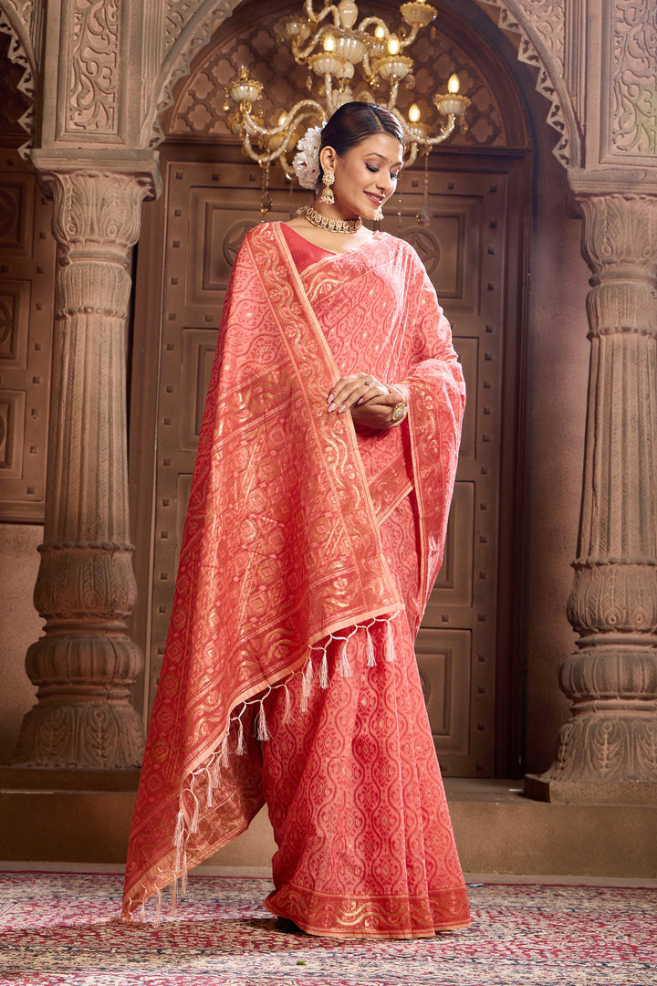 Peach Pink Cotton Woven Saree Weavekaari