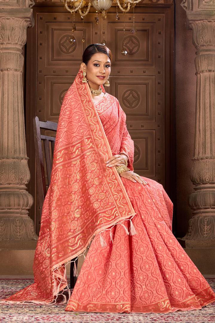 Peach Pink Cotton Woven Saree Weavekaari