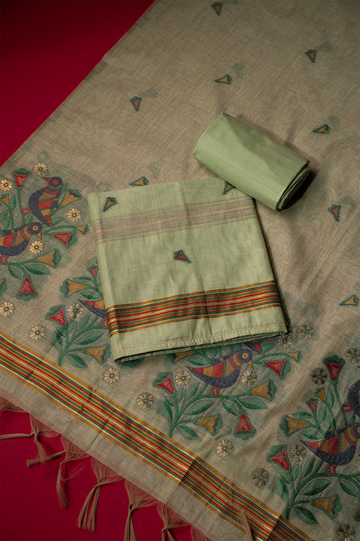 Oasis Green Muga Cotton Suit Piece