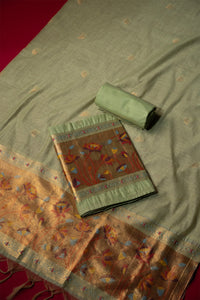 Leaf Green Muga Cotton Suit Piece