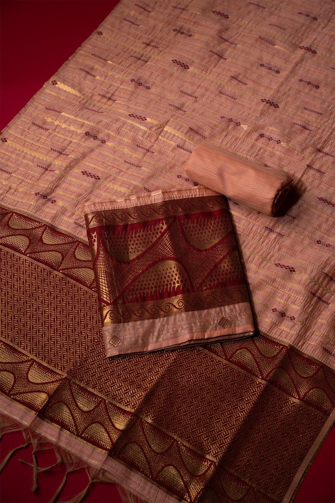 Velvet Peach Tussar Silk Suit Piece