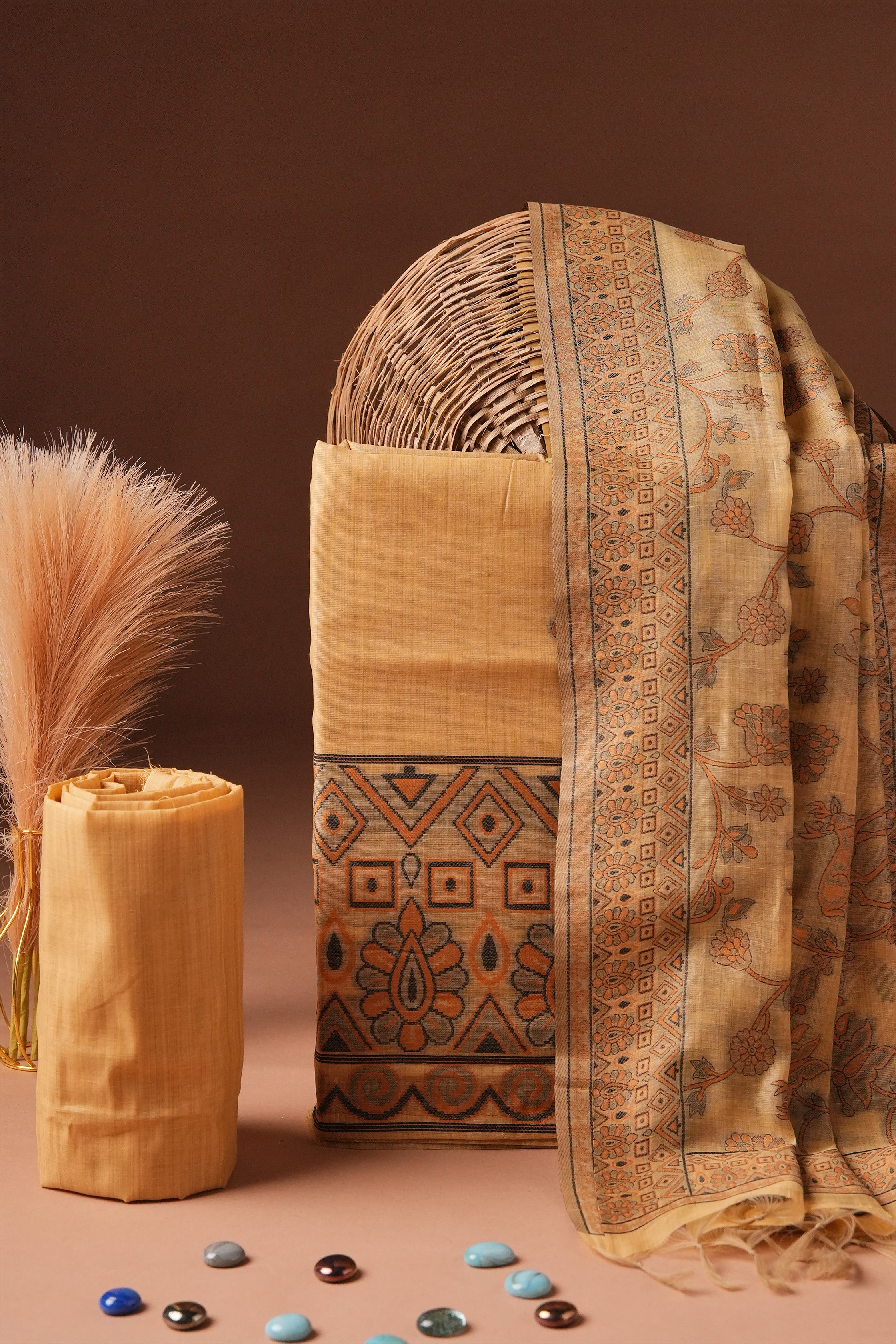 Ochre Vessel Kalamkari Mul Chanderi Suit Piece