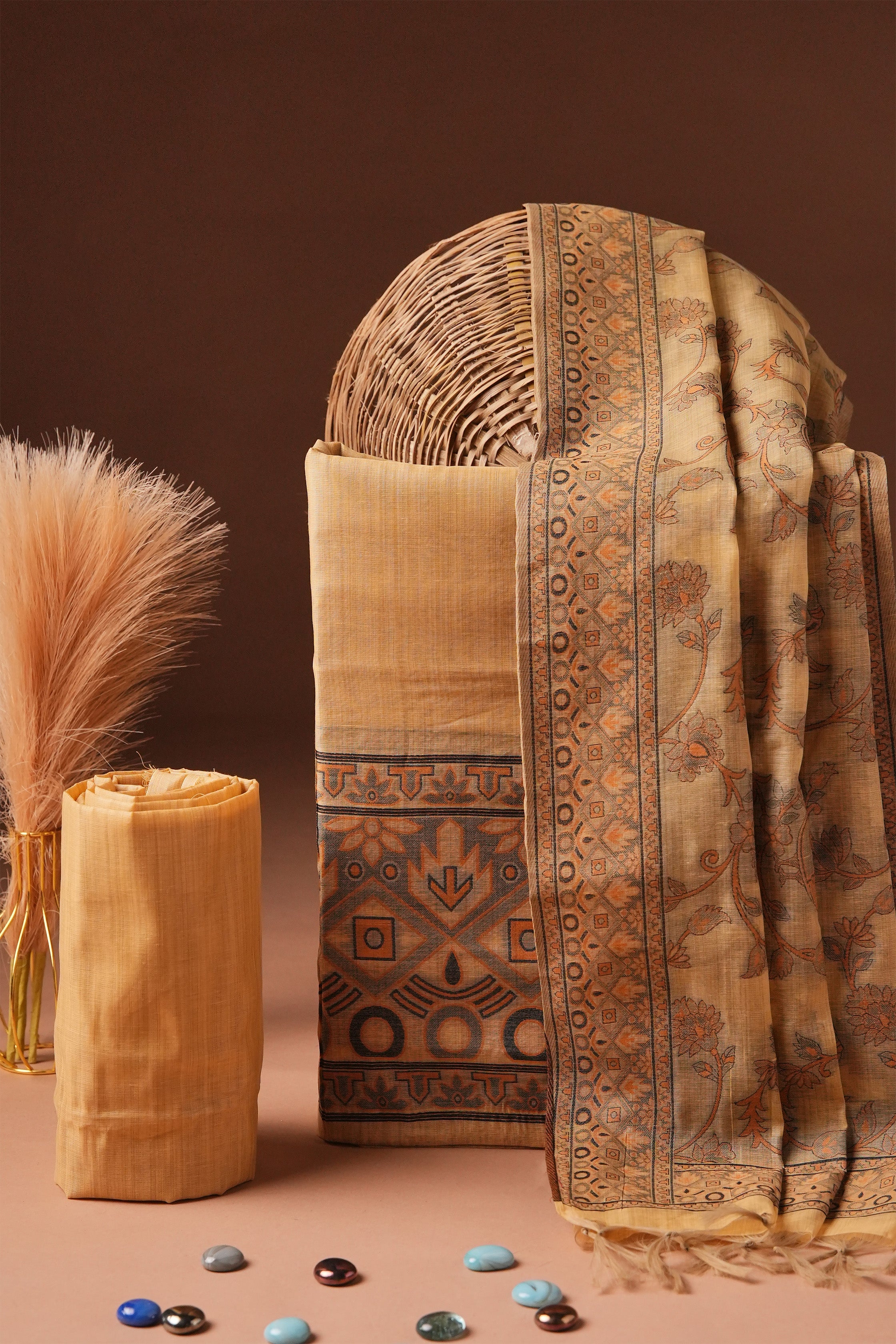 Amber Glint Kalamkari Mul Chanderi Suit Piece