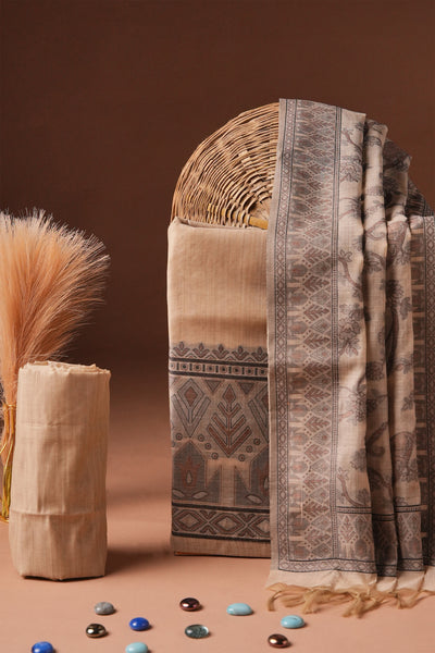 Oatmeal Pattern Kalamkari Mul Chanderi Suit Piece