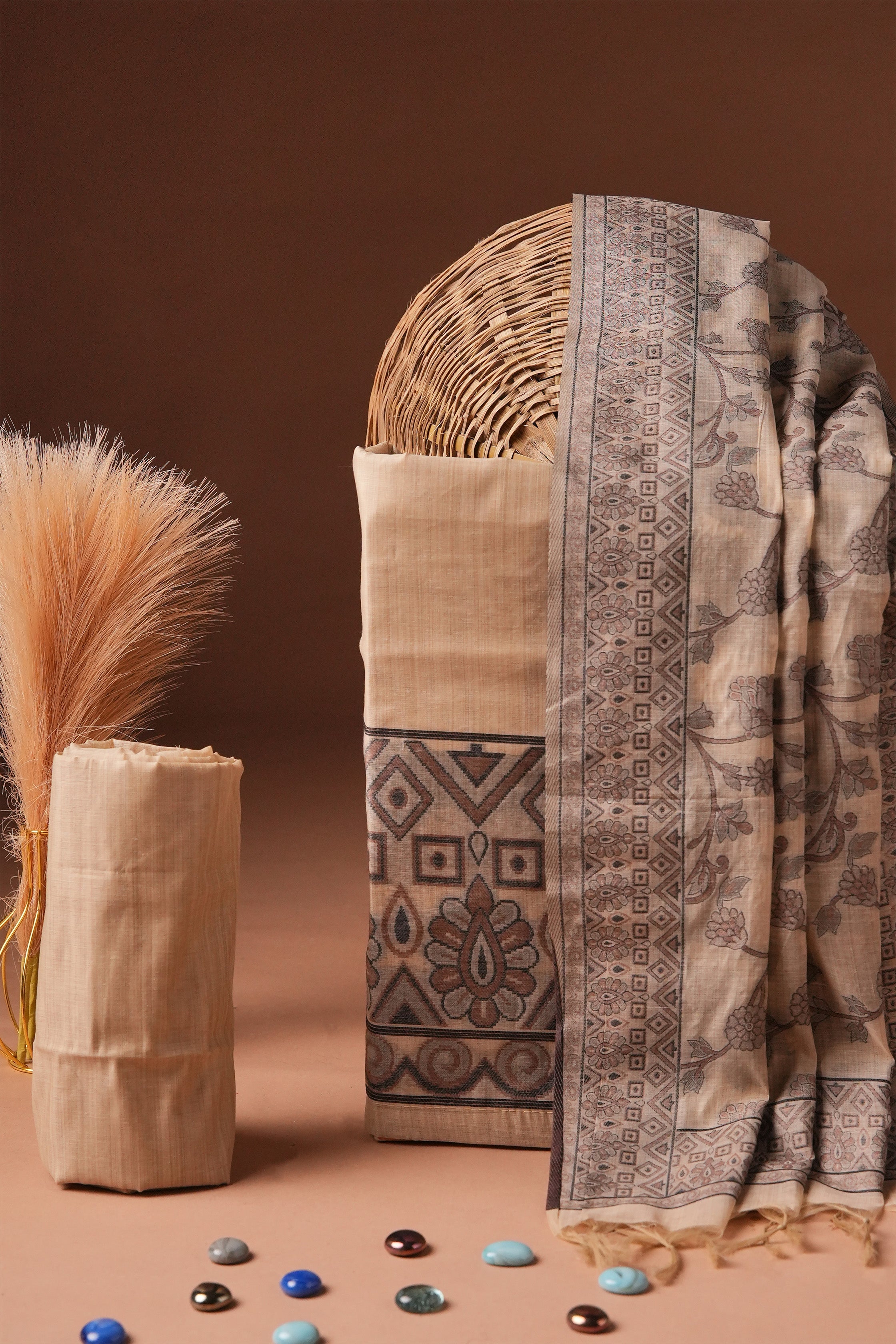 Walnut Mark Kalamkari Mul Chanderi Suit Piece