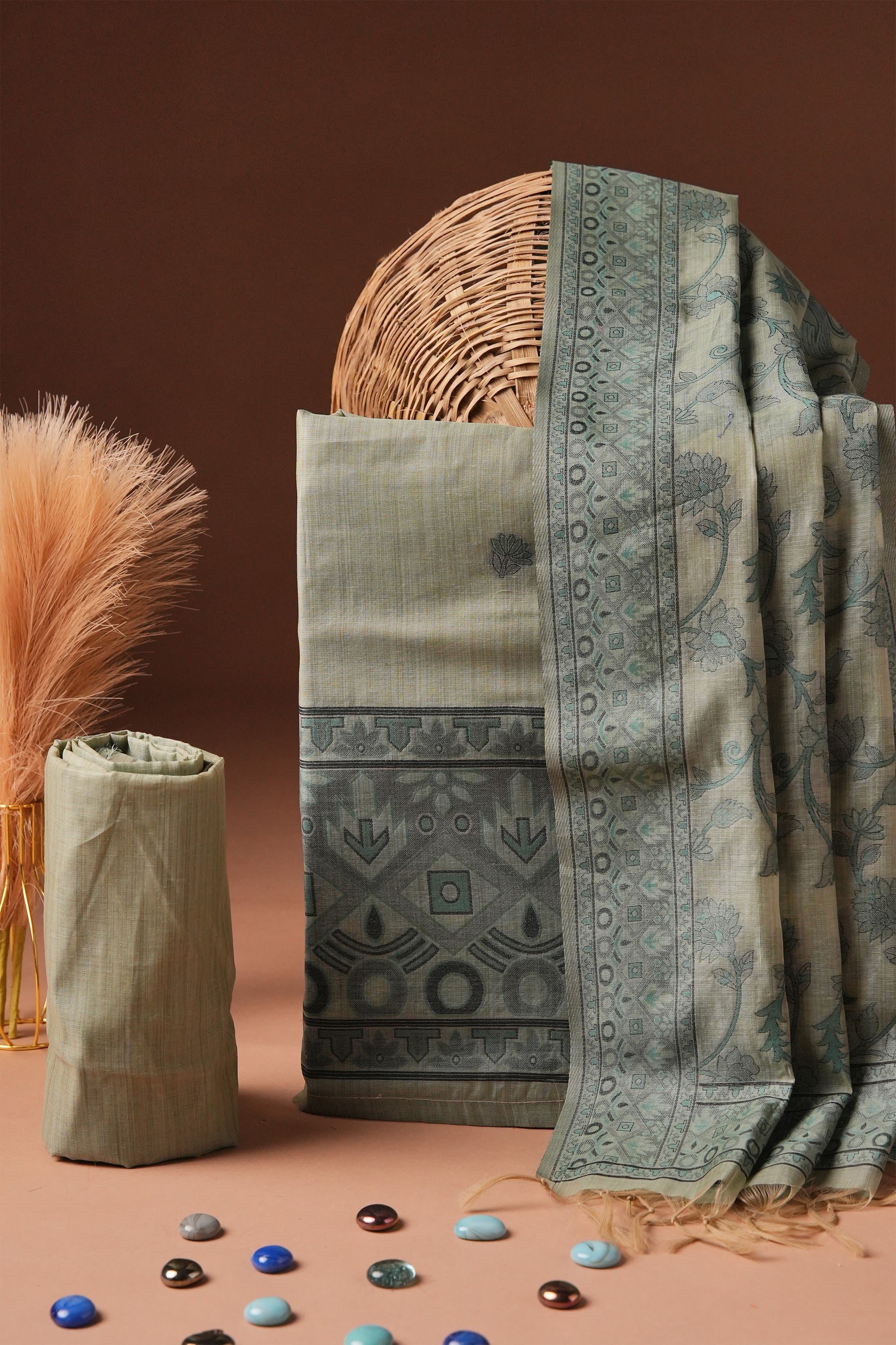 Pistachio Lattice Kalamkari Mul Chanderi Suit Piece