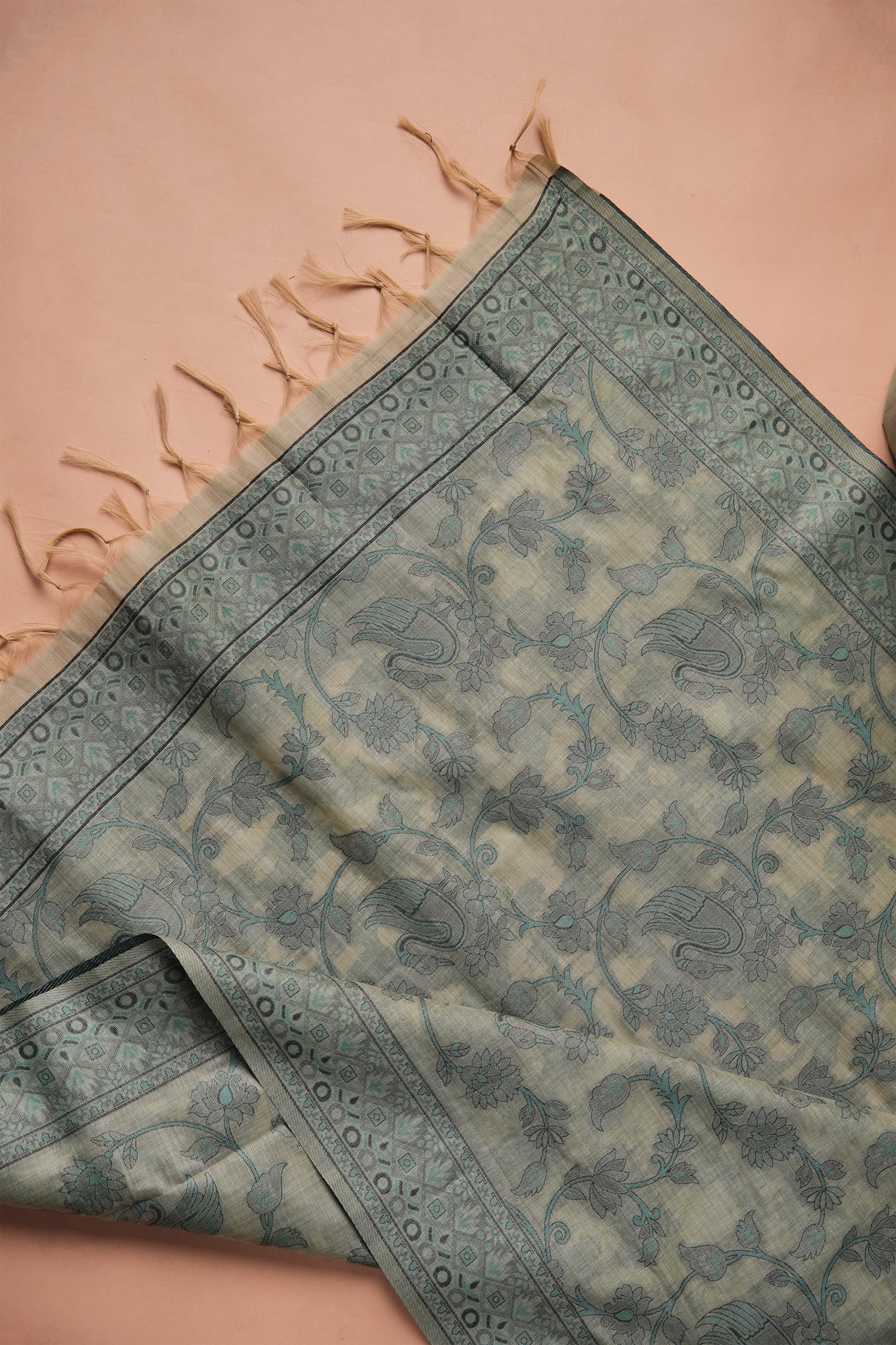 Pistachio Lattice Kalamkari Mul Chanderi Suit Piece