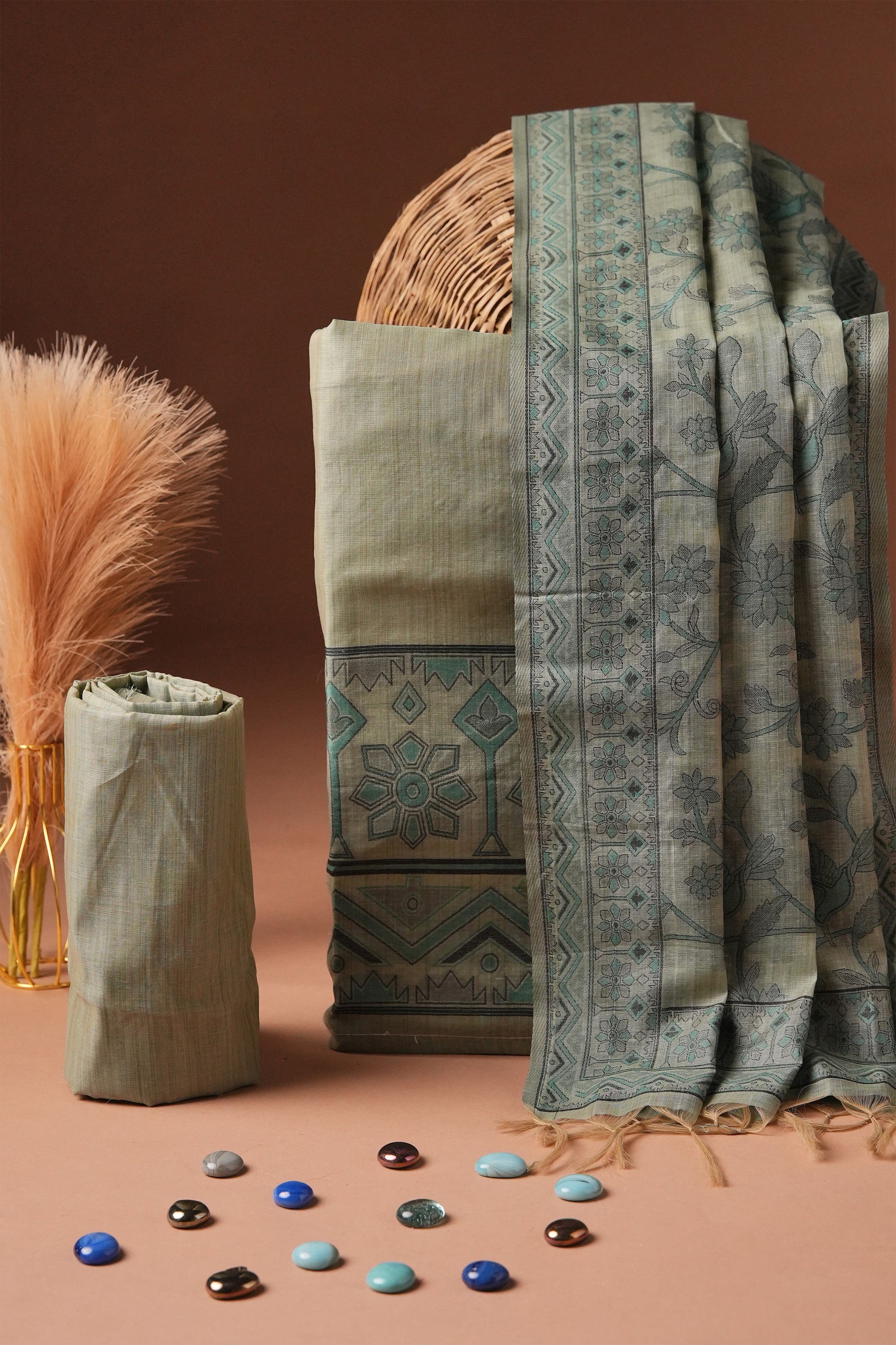 Olive Thread Kalamkari Mul Chanderi Suit Piece