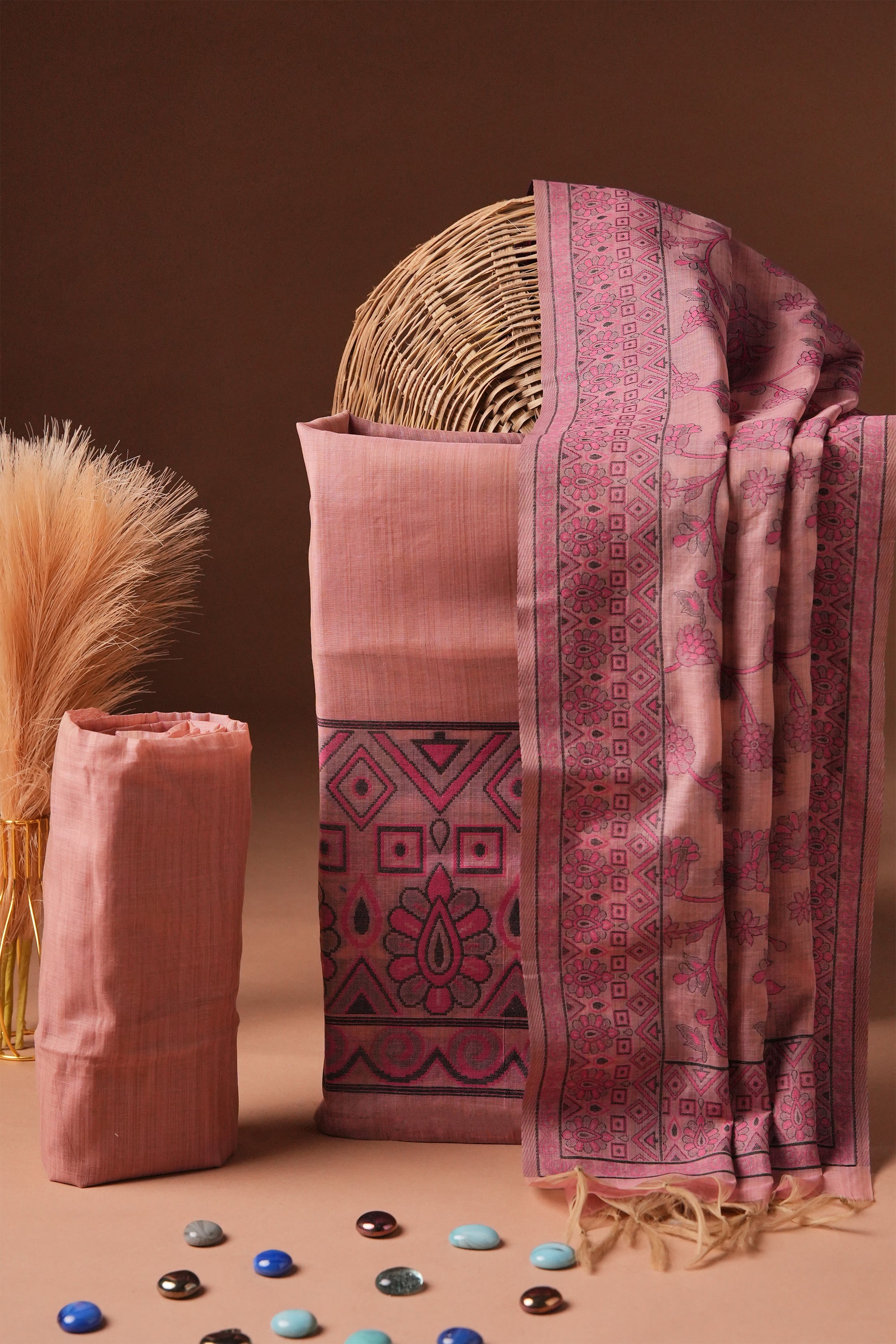 Mauve Pattern Kalamkari Mul Chanderi Suit Piece