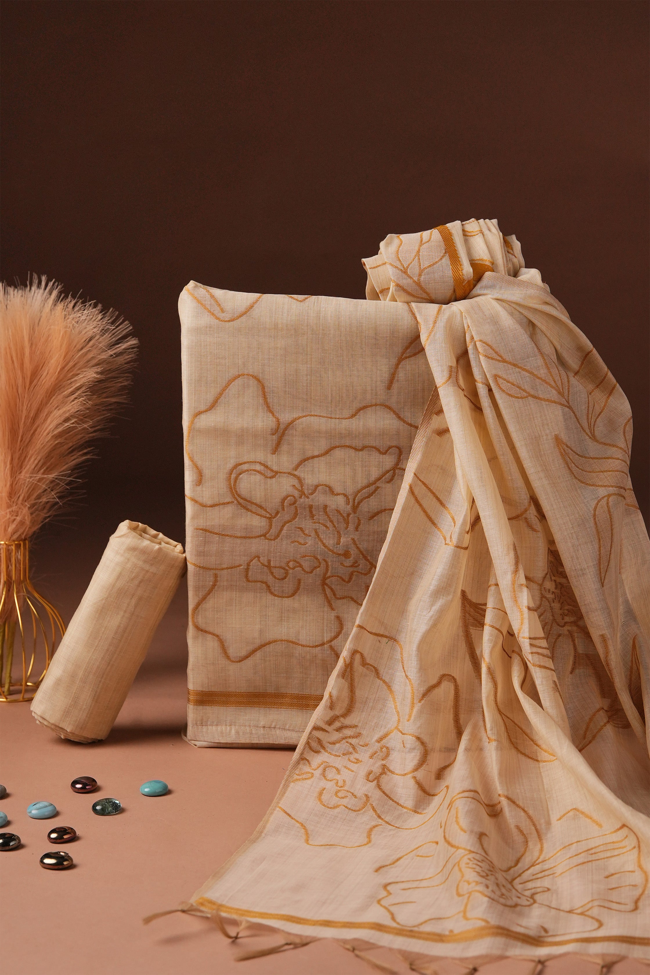 Jute Inscription Kalamkari Mul Chanderi Suit Piece