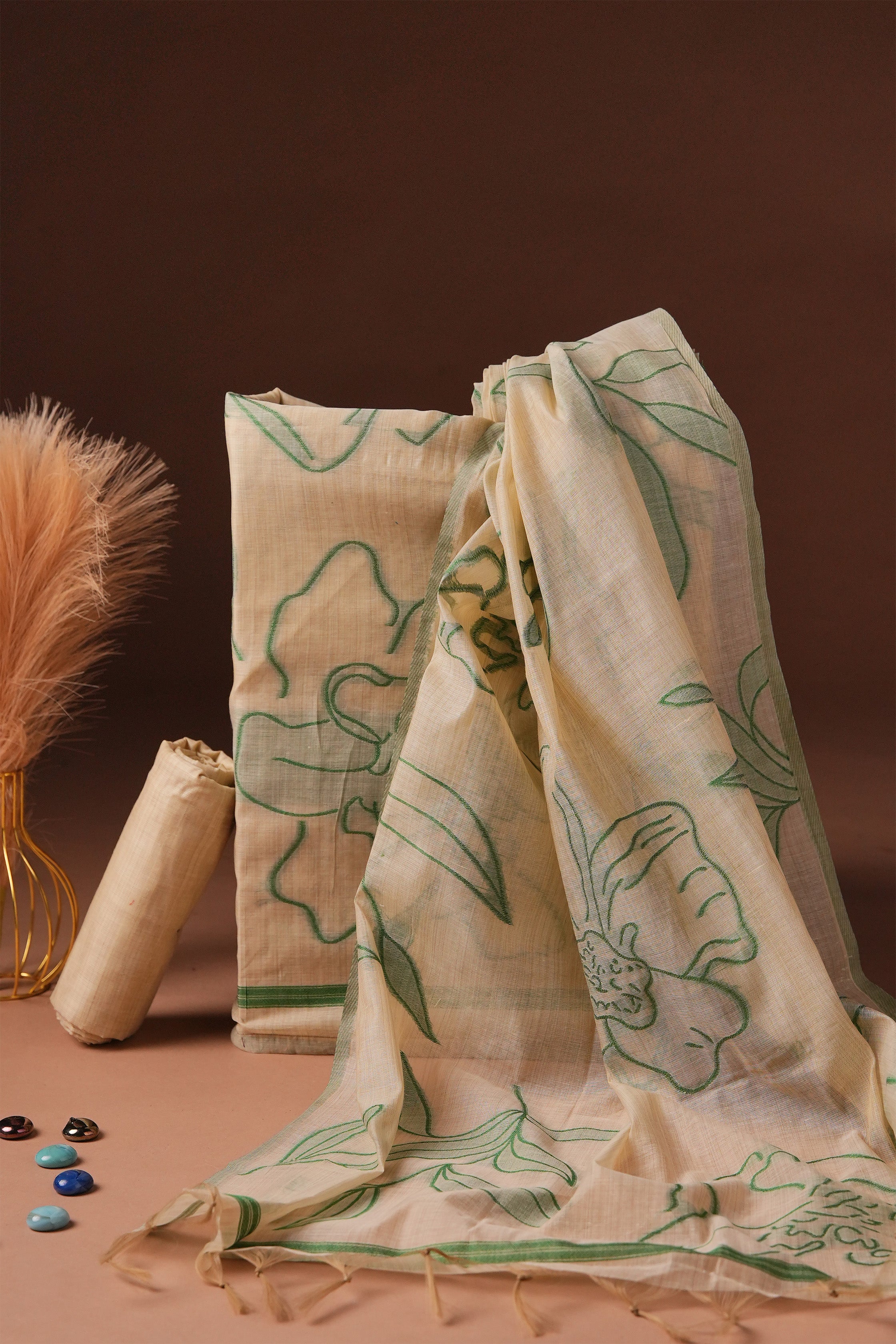 Minted Etching Jamdani Mul Chanderi Suit Piece