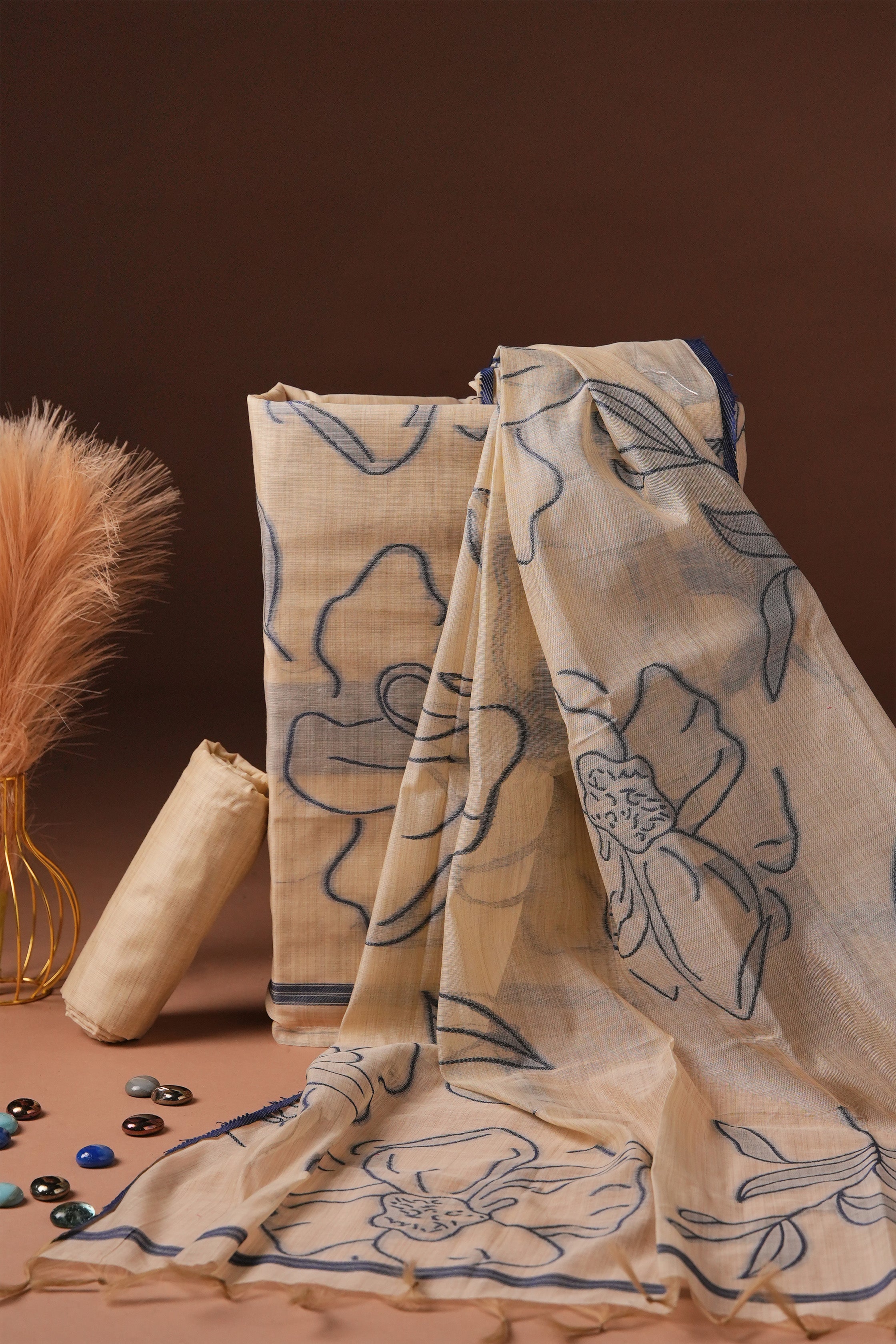 Chalk Document Jamdani Mul Chanderi Suit Piece