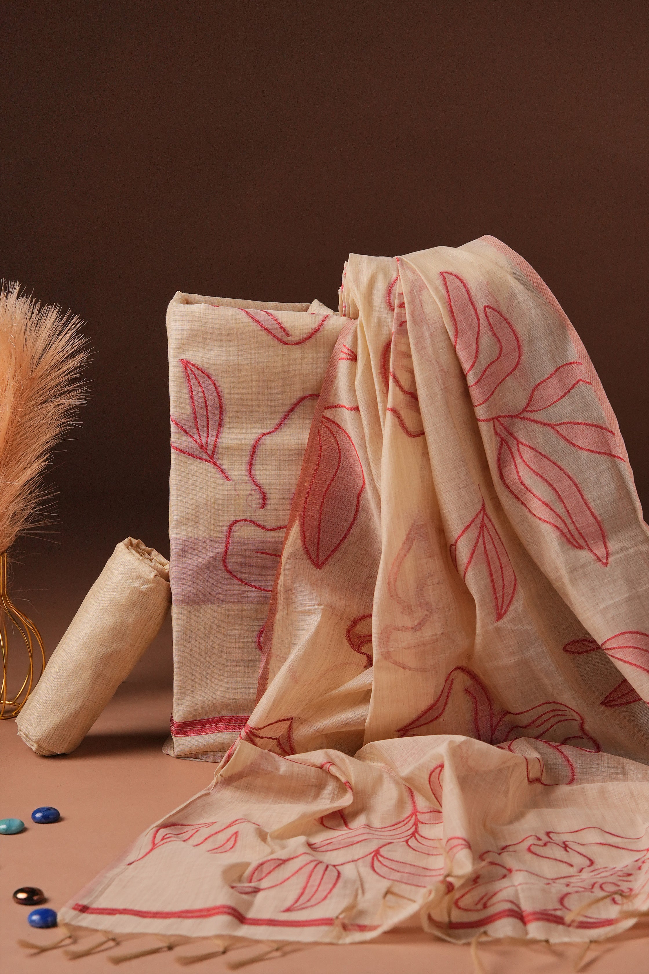 Terracotta Scroll Jamdani Mul Chanderi Suit Piece