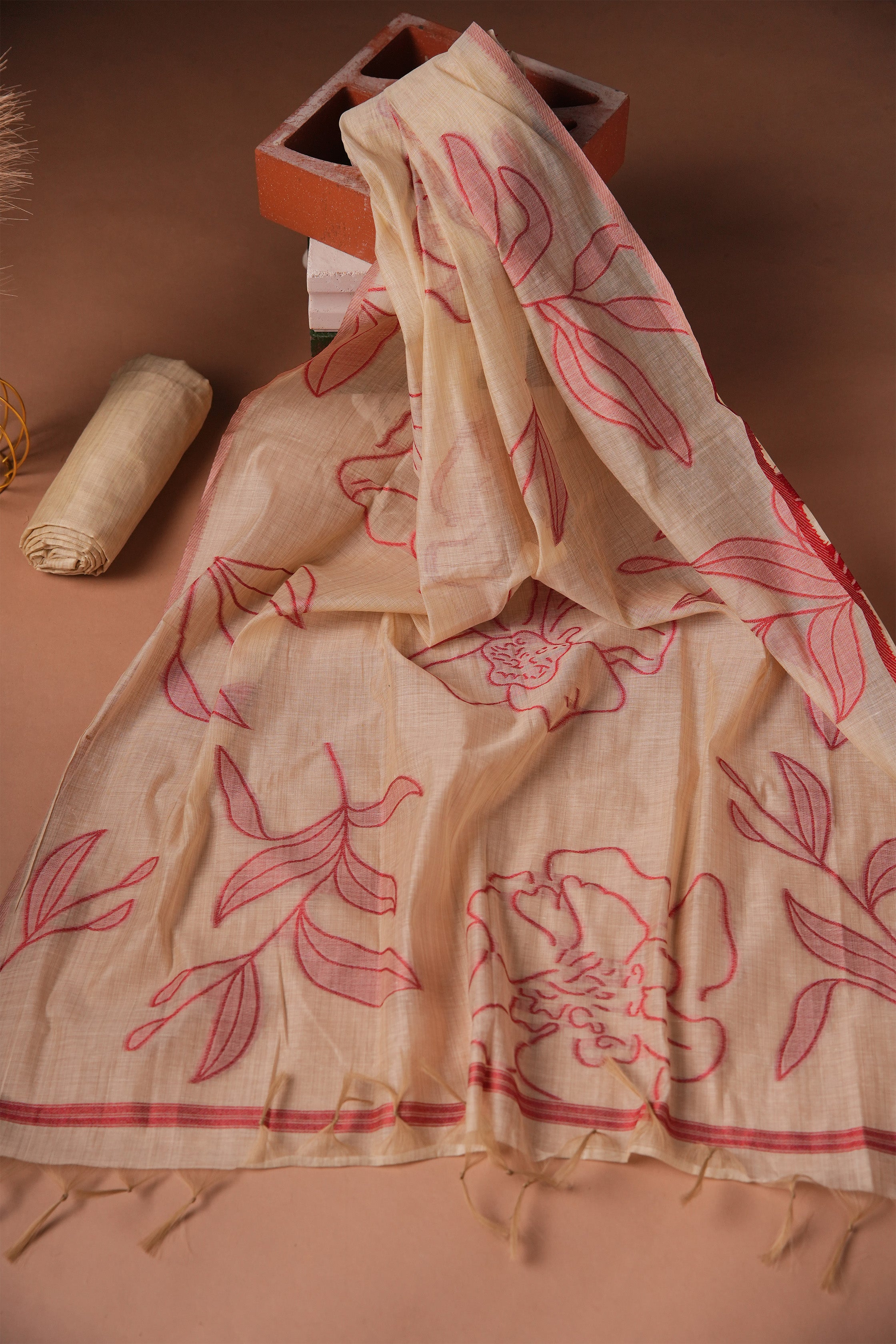 Terracotta Scroll Jamdani Mul Chanderi Suit Piece