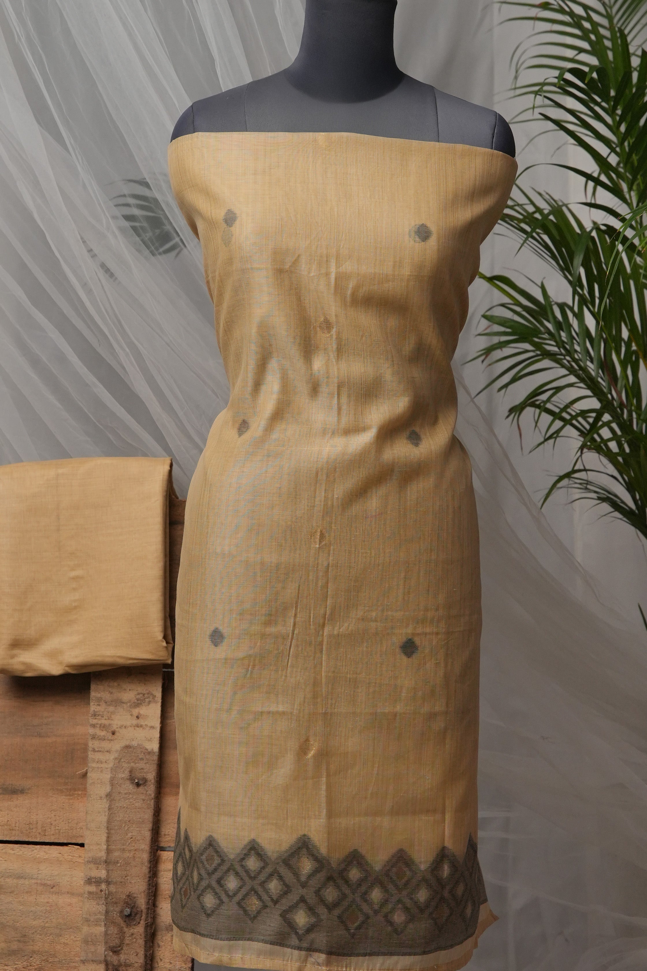 Khaki Tesselation - Mul Chanderi Suit Piece
