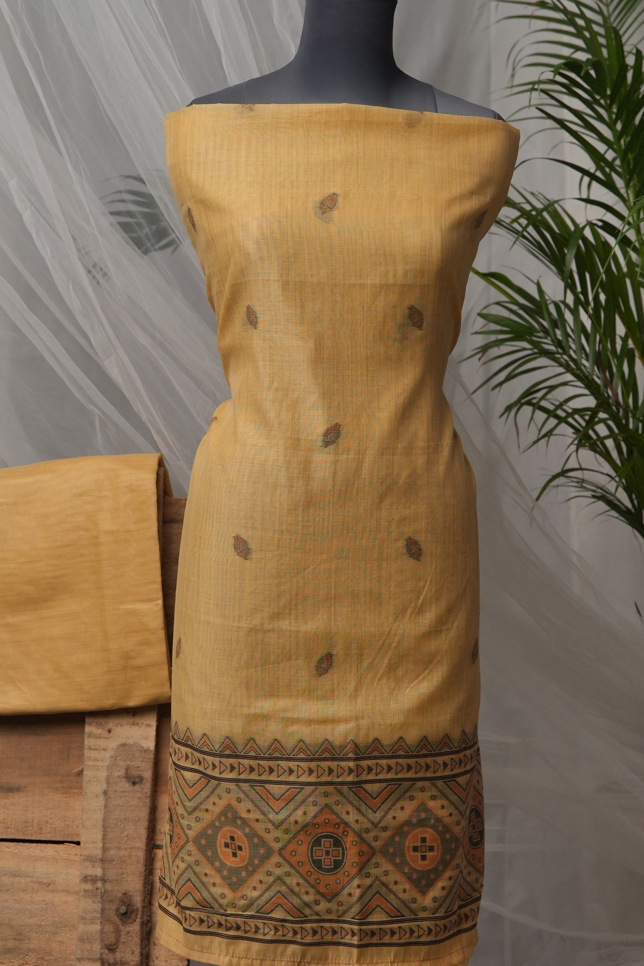 Mustard Motif - Mul Chanderi Suit Piece