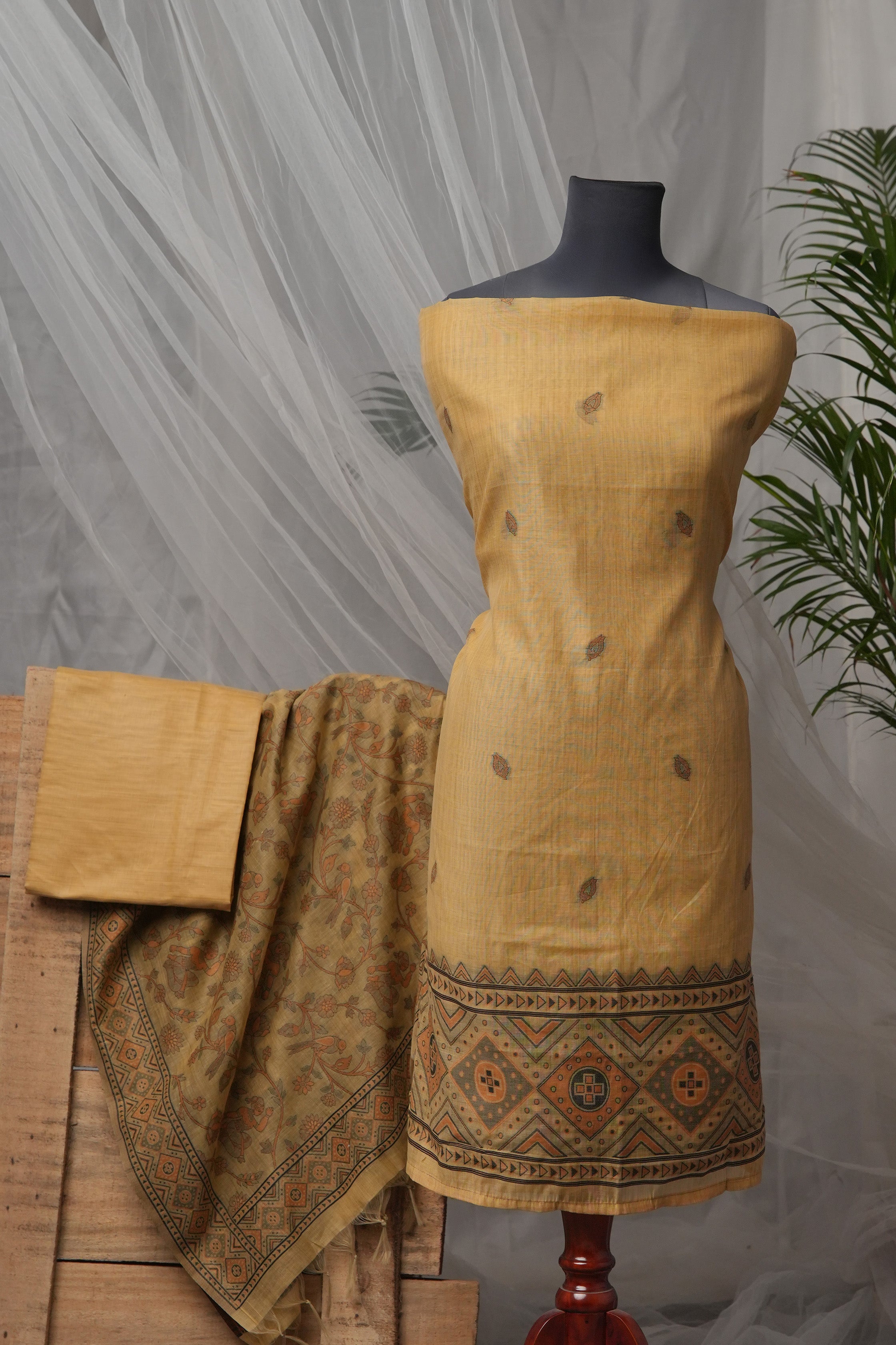 Mustard Motif - Mul Chanderi Suit Piece