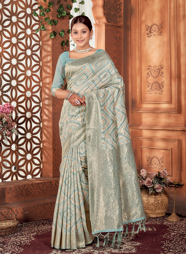 Powder Blue Ikat Saree Weavekaari