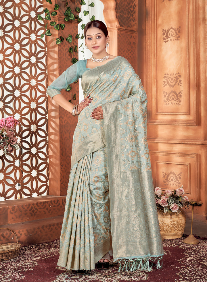 Powder blue Ikat Saree Weavekaari