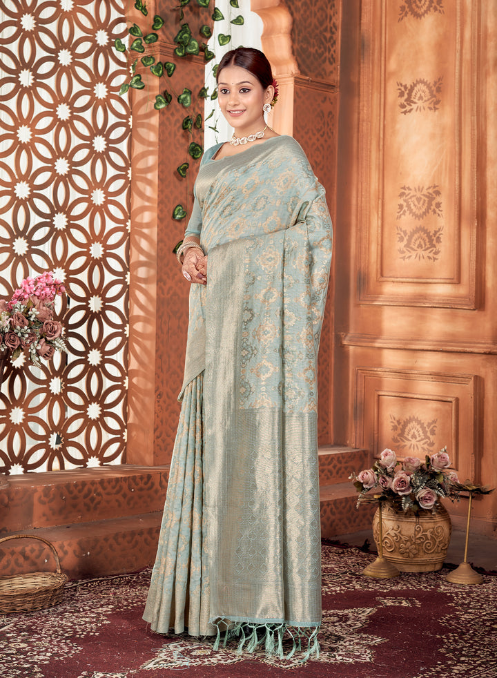 Powder blue Ikat Saree Weavekaari