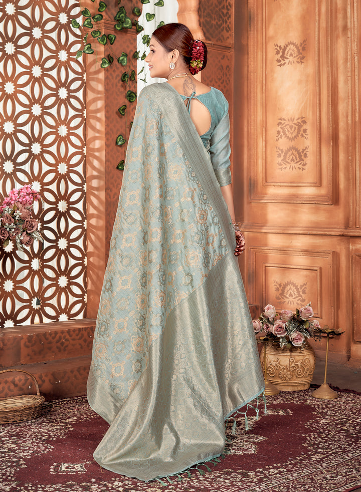 Powder blue Ikat Saree Weavekaari