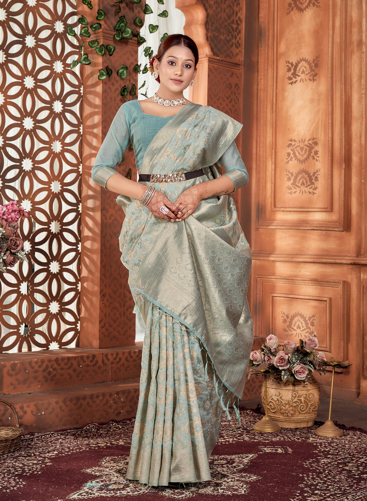 Powder blue Ikat Saree Weavekaari