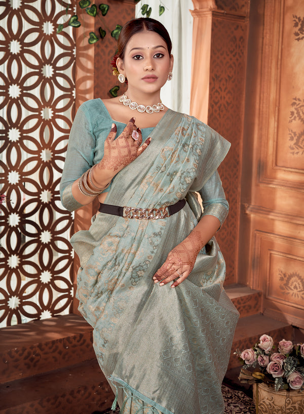 Powder blue Ikat Saree Weavekaari