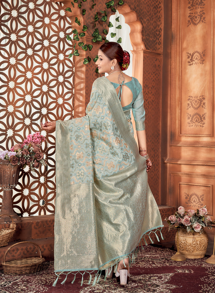 Powder Blue Ikat Saree Weavekaari