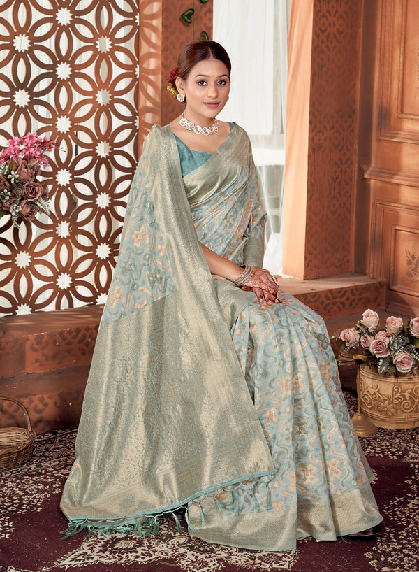 Powder Blue Ikat Saree Weavekaari