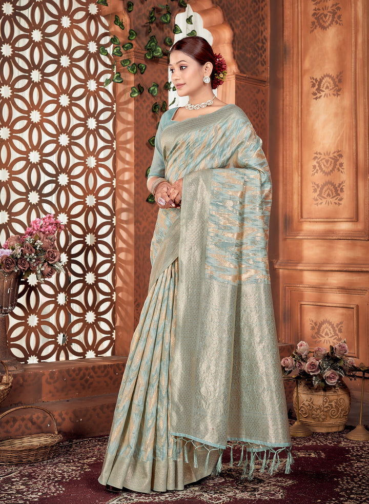 Powder Blue Ikat Saree Weavekaari