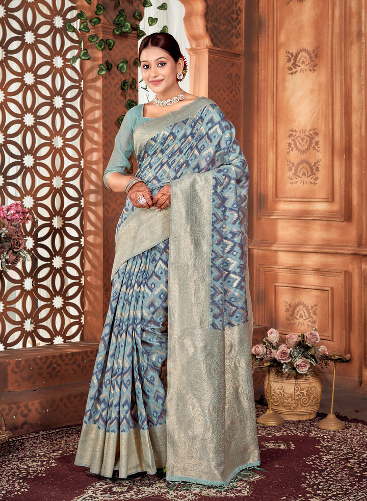 Denim Blue Ikat Saree Weavekaari