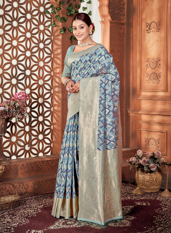 Denim Blue Ikat Saree Weavekaari