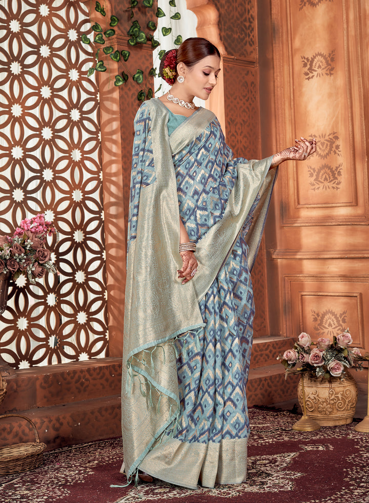 Denim Blue Ikat Saree Weavekaari