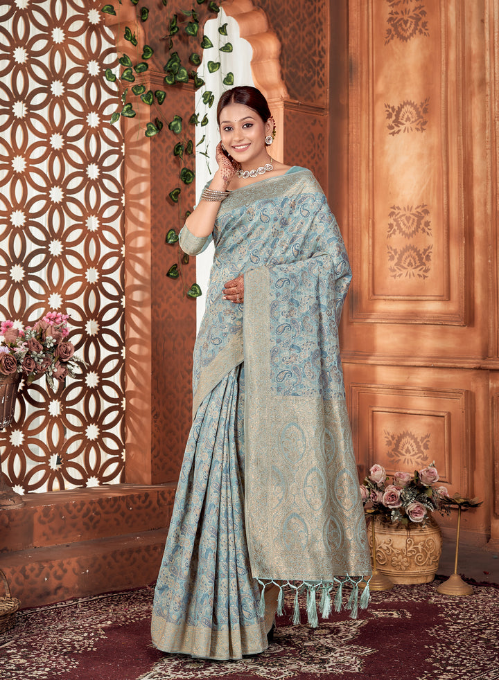 Cool Denim Chanderi Paisley Saree Weavekaari