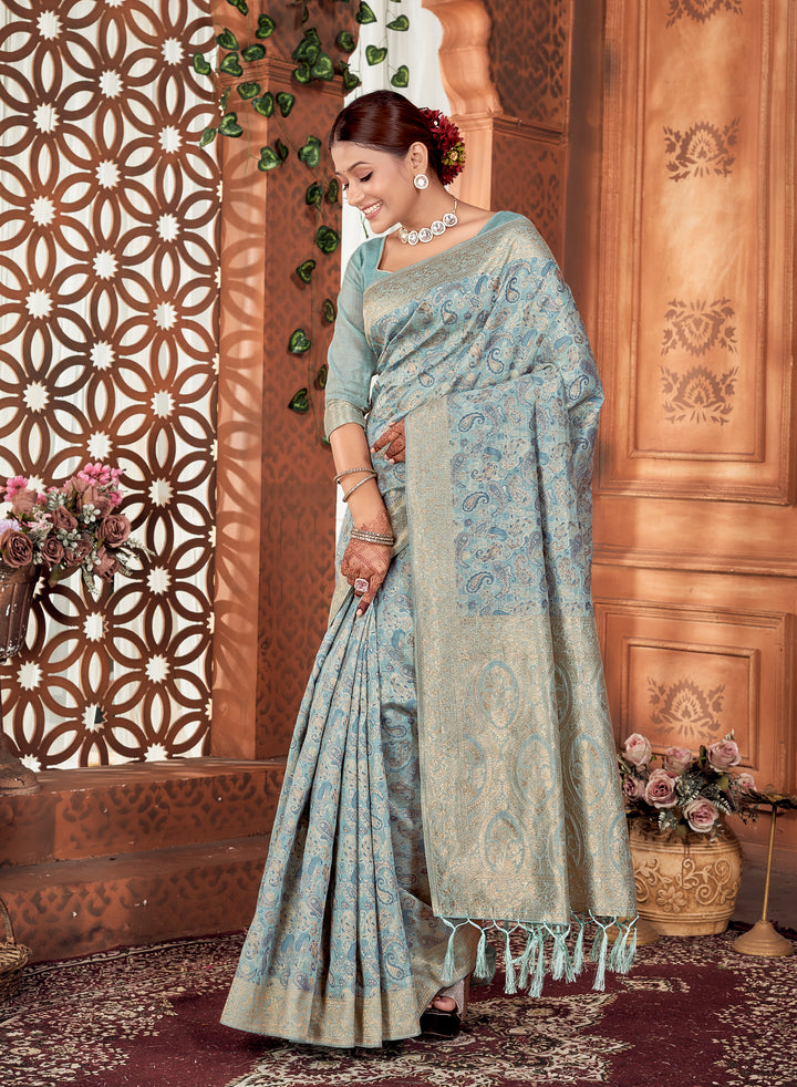 Cool Denim Chanderi Paisley Saree Weavekaari