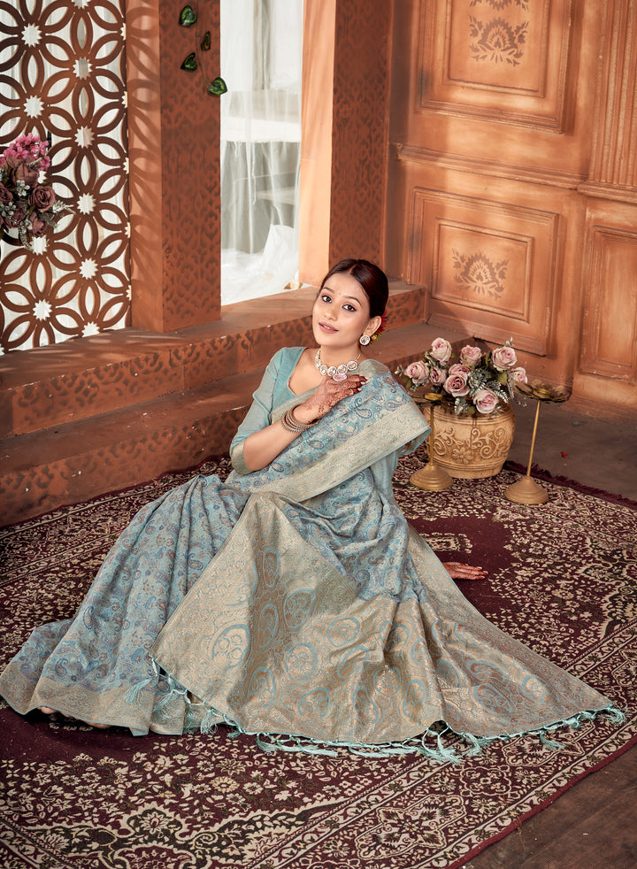 Cool Denim Chanderi Paisley Saree Weavekaari